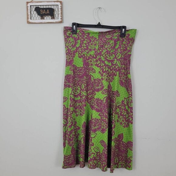 Title Nine A-line Skirt Sz L Floral Green Purple Ruched Waist Front Slit Stretch - Picture 2 of 5